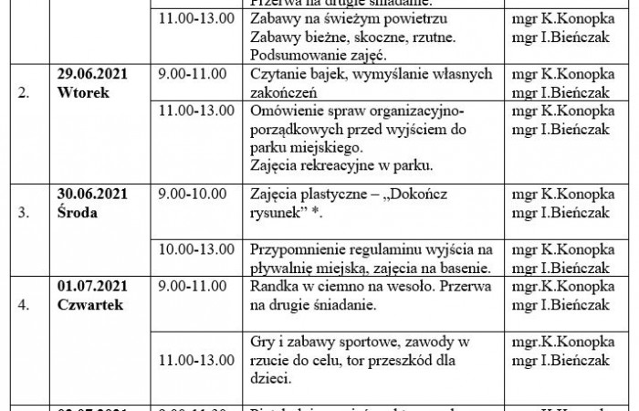 Plan zajęć rekreacyjno-sportowych od 28.06.2021r. do 09.07.2021r.