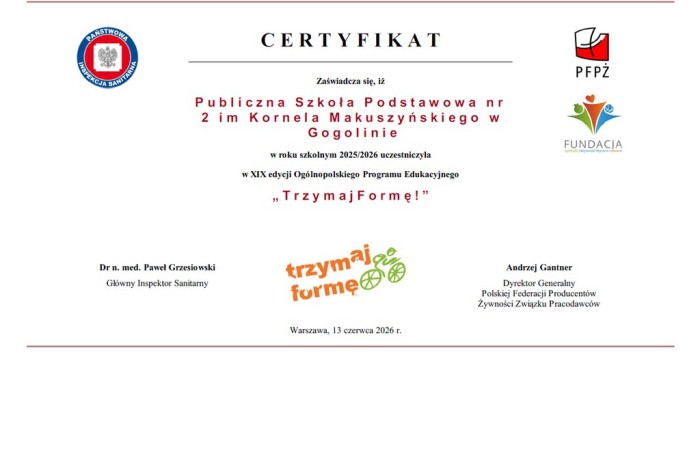 Certyfikat - Trzymaj Formę 2025/2026
